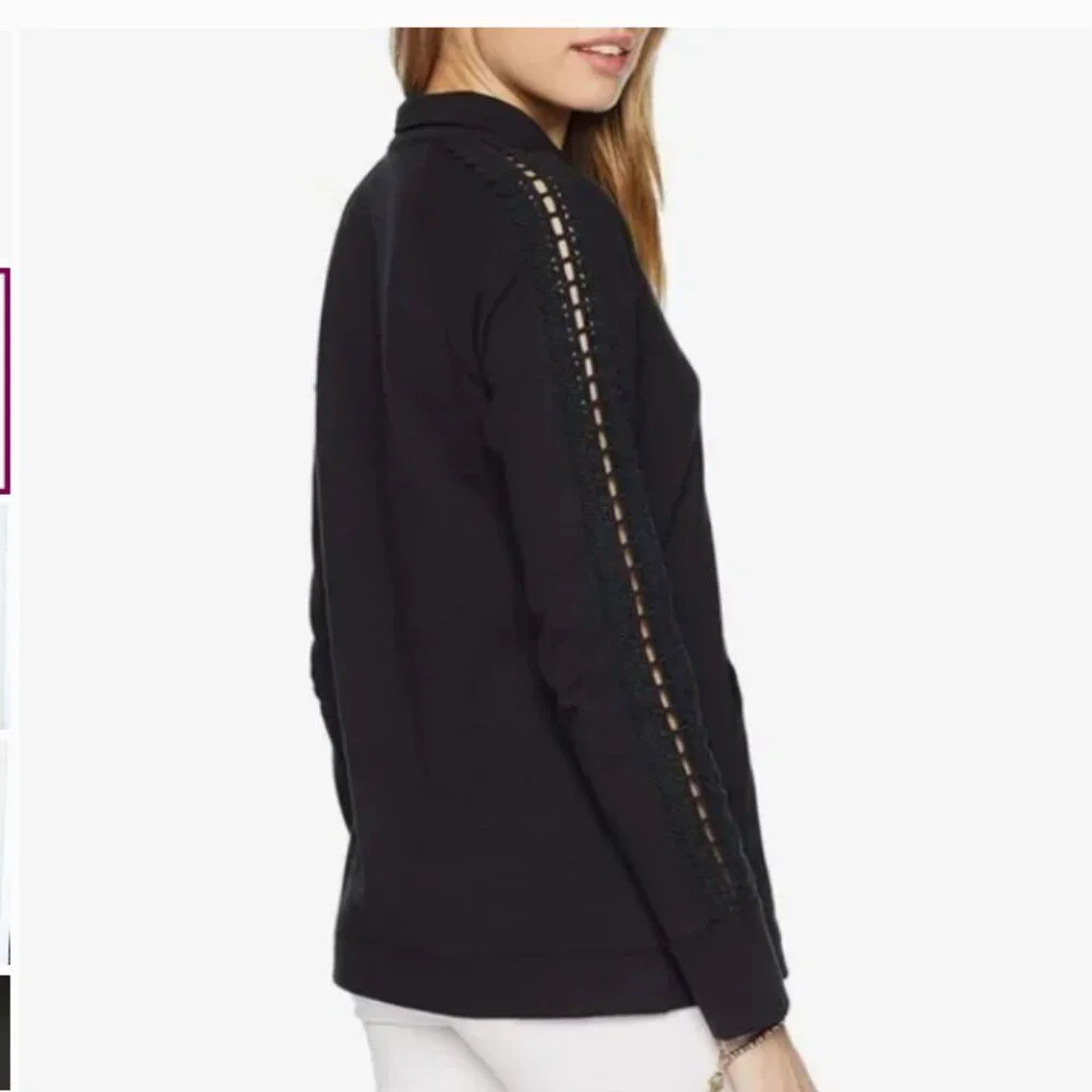 Lilly Pulitzer Skipper Popover Onyx Black Lace Sleeve Quarter Zip Top Size Small - Picture 2 of 11